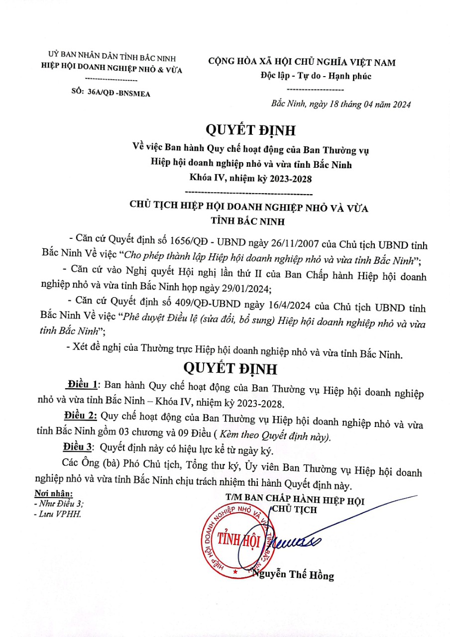 QUY CHẾ HOẠT ĐỘNG BAN THƯỜNG VỤ HIỆP HỘI DOANH NGHIỆP NHỎ VÀ VỪA  TỈNH BẮC NINH – KHÓA IV NHIỆM KỲ (2023– 2028)  (Ban hành theo Quyết định số 36A/QĐ-BNSMEA ngày 18 tháng 4năm 2024  của Chủ tịch Hiệp hội Doanh nghiệp nhỏ và vừa tỉnh Bắc Ninh)