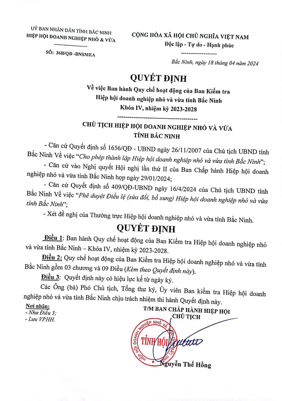 QUY CHẾ HOẠT ĐỘNG CỦA BAN KIỂM TRA (Ban hành theo Quyết định số: 36B/QĐ-BNSMEA của  Chủ tịch Hiệp hội Doanh nghiệp nhỏ và vừa tỉnh Bắc Ninh)