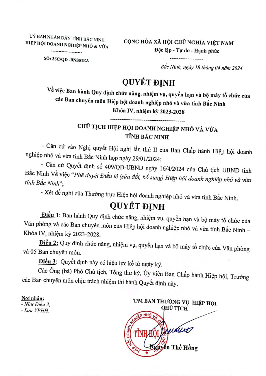 QUY ĐỊNH  CHỨC NĂNG, NHIỆM VỤ, QUYỀN HẠN CÁC BAN CHUYÊN MÔN  (Ban hành kèm quyết định số 36/QĐ-BNSMEA ngày 18 tháng 4 năm 2024 của Chủ tịch Hiệp hội DNNVV tỉnh Bắc Ninh)