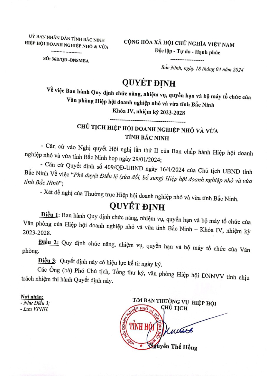 QUY ĐỊNH  CHỨC NĂNG, NHIỆM VỤ, QUYỀN HẠN VÀ BỘ MÁY CỦA VĂN PHÒNG  (Ban hành kèm quyết định số 36D/QĐ-BNSMEA ngày 18 tháng 4 năm 2024 của chủ tịch Hiệp hội DNNVV tỉnh Bắc Ninh)